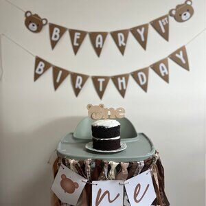 Beary 1st Birthday party decorations for baby first birthday - banner, bear, hat